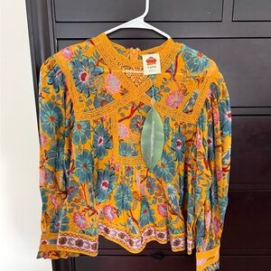 FARM Rio Vibrant Floral Embroidered Blouse - Yellow and Blue